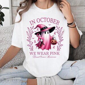 In October We Wear Pink Ghost Shirt, Halloween Tee, Pink Ribbon Shirt 86